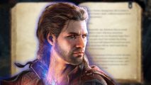 Gale in Baldur's Gate 3 in front of a book