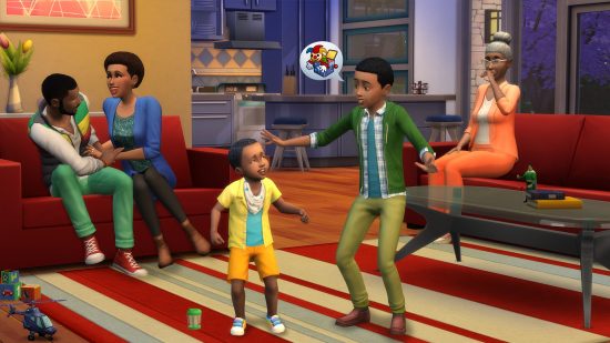 Best free Steam games: The Sims 4. Image shows a Sim family chatting and having fun in their living room.