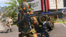 Warzone Caldera: A soldier wearing a gas mask points a long-barrelled assault rifle