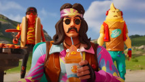 Fortnite battle pass skins: A man dressed like a hippie drinking from an orange cup