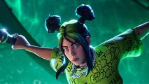 Billie Eilish parachutes into Fortnite Festival season 3: A Fortnite version of Billie Eilish is surrounded by green as she leaps into the air, microphone in hand.