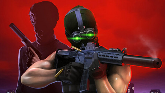 Intravenous 2: A muscly man wearing a full face mask and night vision goggles aims a rifle, while a silhouette of another man stands behind him holding a pistol