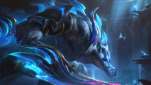 League of Legends T1 skins finally revealed, and they're not $430: A huge crocodile-like creature holding a glaive looks off-camera into the distance