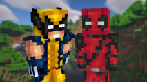 Minecraft Deadpool Wolverine skins: Pixelated skins depicting Wolverine in his yellow suit and Deadpool in his red suit against a backdrop from Minecraft