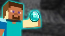 Minecraft diamonds: minecraft steve wears a blue shirt holidng out a blue minecraft diamond on a cave background