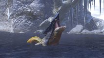 Monster Hunter Rise Sunbreak Supple Piel: a Zamite in the Frost Islands having a good roar. It's basically a land shark-like creature.