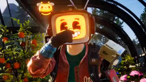 Once Human update 1.1 is hit with early crash issues - A person wearing a television set on their head that is displaying a smiling cartoon face.