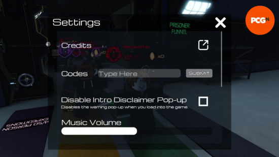 The menu to redeem Pressure codes in the Roblox game