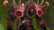 Finally World of Warcraft lets third party tools use transmog data: A character in the best Warlock set looks great with lots of skulls.