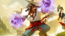 Blizzard "won't stop experimenting" despite WoW Plunderstom backlash: A minotaur with long braided hair wearing a white pirate shirt, blue pants, and a red sash waistband conjures purple magic in its hands, a huge pirate ship behind him